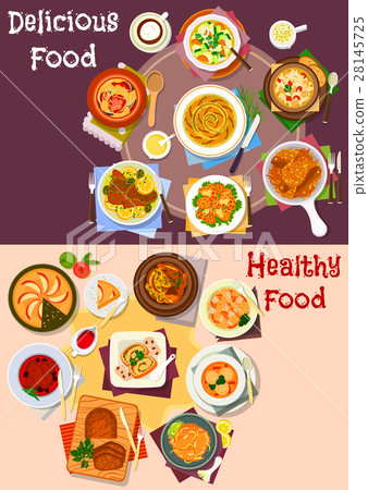 Baked meat and veggies dish with dessert icon set Baked meat and veggies dish with dessert icon set 28145725