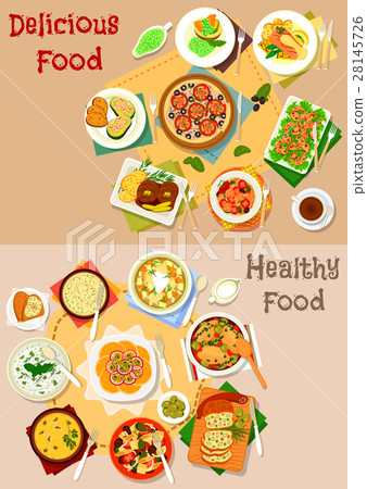 Seafood, olive and pickles dishes icon set 28145726