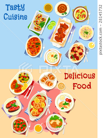 Vegetable and meat dishes icon set design 28145732