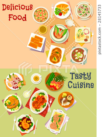 Fish and meat dish with asian soup and pastry icon 28145733