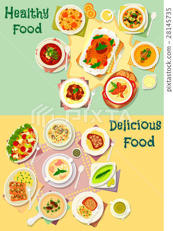 Meat, fish and mushroom dishes icon set design Meat, fish and mushroom dishes icon set design 28145735