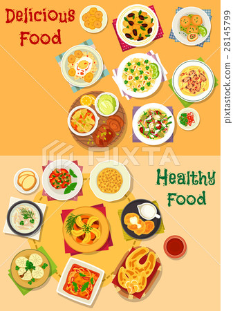 Lunch icon set with healthy food dishes