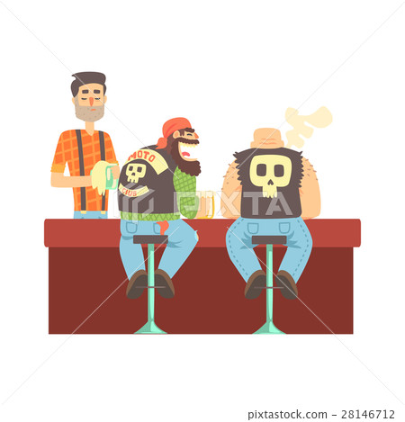 Two Bikers Chatting At The Counter In Leather Two Bikers Chatting At The Counter In Leather 28146712