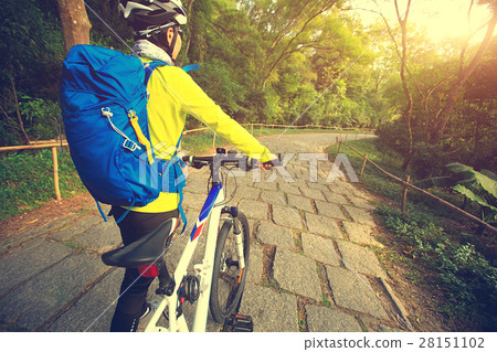 young woman riding mountain bike on forest trail 28151102