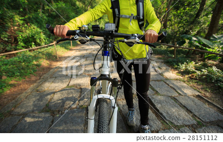 young woman riding mountain bike on forest trail 28151112