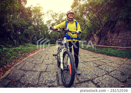woman cyclist riding mountain bike on forest trail 28152036