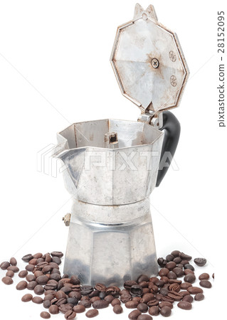 Old coffee maker  with coffee beans on white 28152095
