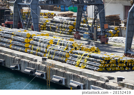 new pipes in the industrial port, cargo cranes 28152419