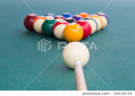 Focus on cue aiming white ball to break snooker 28156119