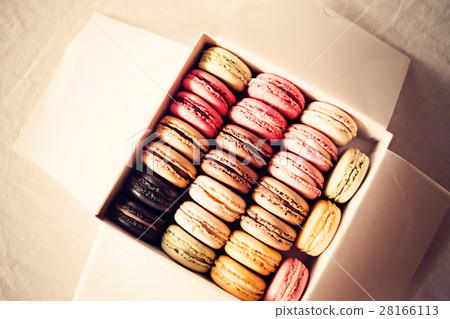 Vintage colorful french macarons in a box Vintage colorful french macarons in a box 28166113