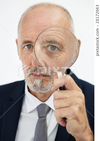 Businessman Holding Magnifying Glass Searching Vision Concept Businessman Holding Magnifying Glass Searching Vision Concept 28172663