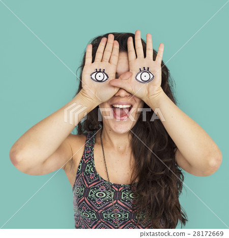 Woman Smiling Happiness Cover Eye Playful Concept 28172669