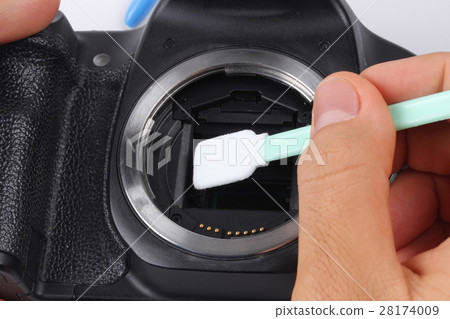 Photographer hand cleaning camera sensor by swab Photographer hand cleaning camera sensor by swab 28174009