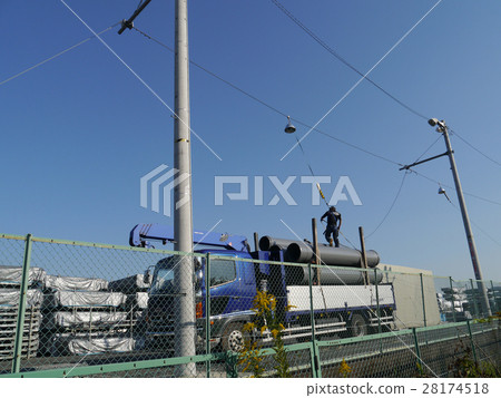 Truck loading fall security prevention safety band attached sign Truck loading fall security prevention safety band attached sign 28174518