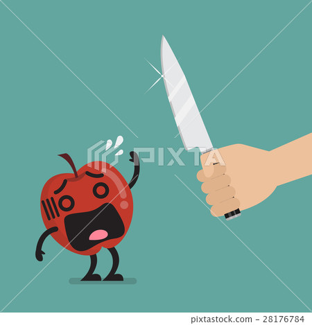 Hand with a knife prepare to cut the funny apple Hand with a knife prepare to cut the funny apple 28176784
