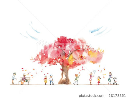 Autumn park, people, fallen leaves, clouds 28178861