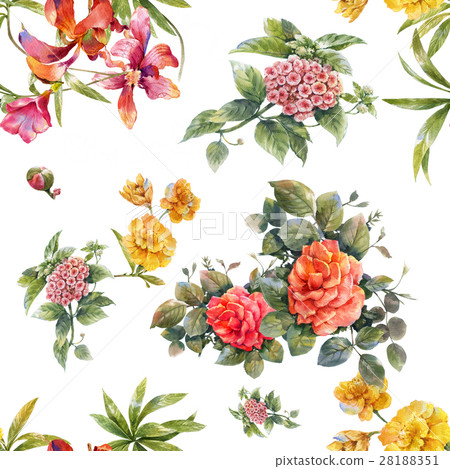 Watercolor painting of leaf and flowers pattern Watercolor painting of leaf and flowers pattern 28188351