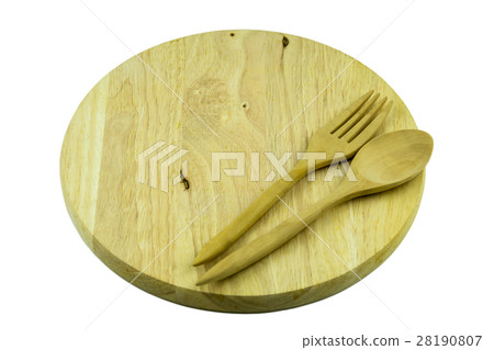cutting board with spoon and fork white background 28190807