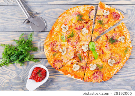 pizza with sausage, ham, mushrooms and cheese pizza with sausage, ham, mushrooms and cheese 28192000