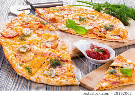 pizza with sausage, close-up, macro pizza with sausage, close-up, macro 28192002