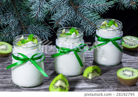 yogurt with kiwi and mint in glass jars, close-up yogurt with kiwi and mint in glass jars, close-up 28192795