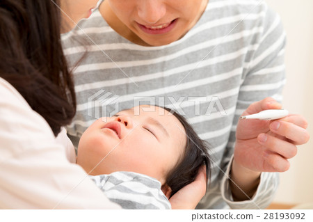 Fever Heating thermometer Family portrait Baby and parents Copy space White back 3 people Family 28193092