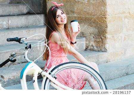 girl smiling with a cup of coffee and vintage girl smiling with a cup of coffee and vintage 28196137