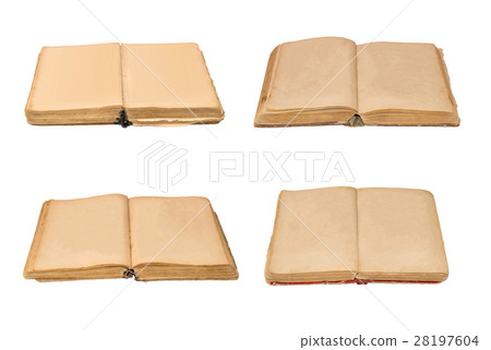 Set of open old books isolated, vintage book with blank yellow stained pages. 28197604