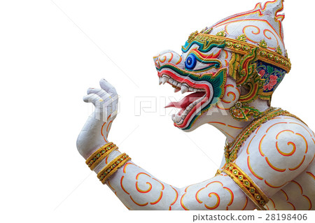 Traditional Thai style Hanuman or monkey statue in public temple in Thailand. Isolated on white. Save with clipping path 28198406