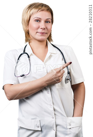 Smiling woman doctor pointing finger Smiling woman doctor pointing finger 28210311