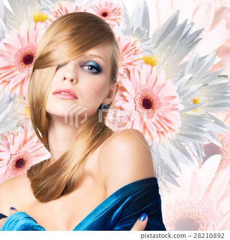 Fashion model over bouquet of flowers background. Fashion model over bouquet of flowers background. 28210892