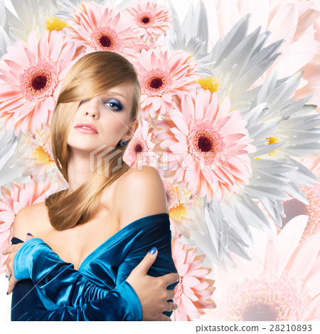 Fashion model over bouquet of flowers background. 28210893
