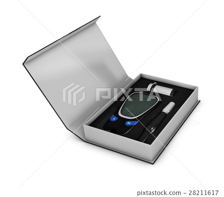 3D Illustration of glucometer in the box with test 28211617