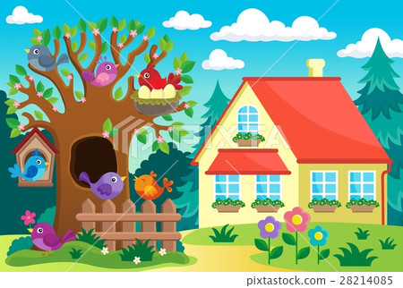 Tree with birds near house 28214085