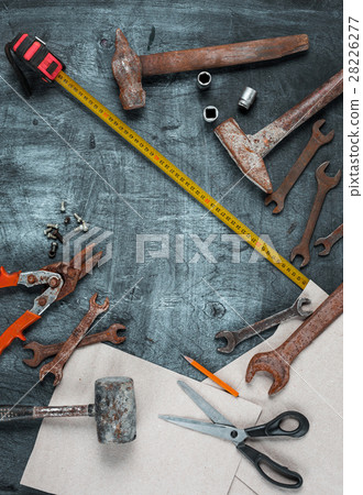The set of construction tools on wooden table The set of construction tools on wooden table 28226277