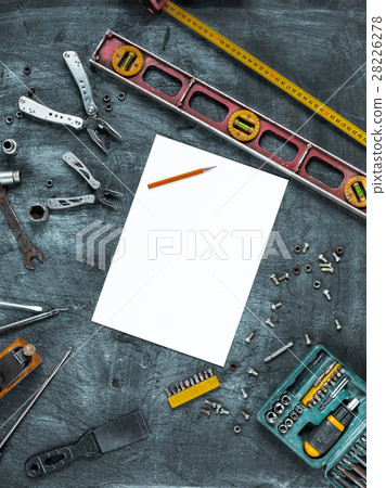 The set of construction tools on wooden table The set of construction tools on wooden table 28226278
