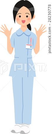 A woman wearing a pants style blue nurse clothes and a banzai 28230778