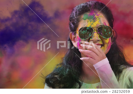 Portrait of an Indian girl at Holi Color festival 28232059