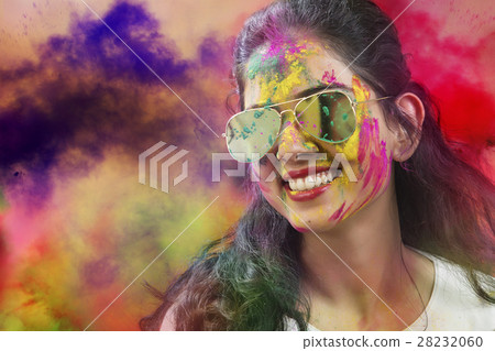 Portrait of an Indian girl at Holi Color festival 28232060