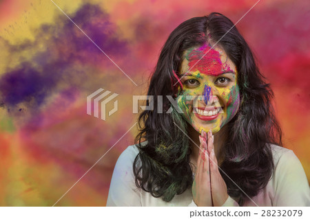 Namaste greetings at holi festival 28232079