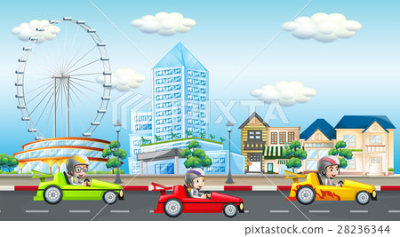 Scene with kids riding race car on the road Scene with kids riding race car on the road 28236344
