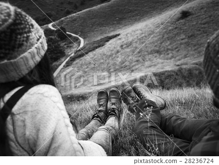 People Rear View Sitting Mountain Carefree Togetherness Concept People Rear View Sitting Mountain Carefree Togetherness Concept 28236724
