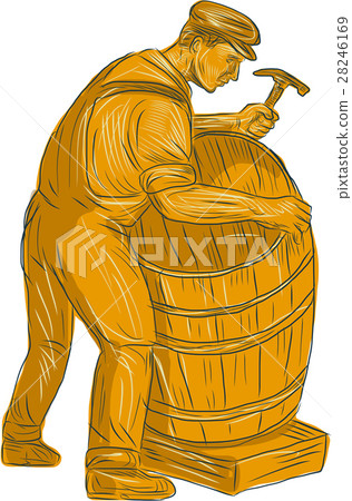Cooper Making Wooden Barrel Drawing Cooper Making Wooden Barrel Drawing 28246169