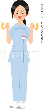 一個女人很高興在褲子式藍色護士衣服握拳 28247221