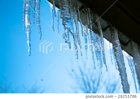 spring  with icicles hanging from roof of house. 28253786