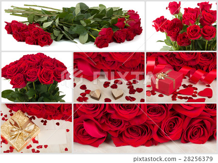 Collection of fresh valentine red roses and heart 28256379