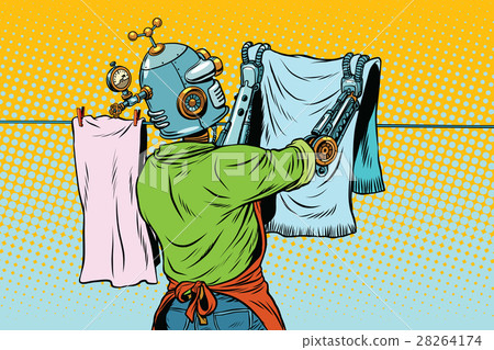 Vintage robot employee hangs up to dry clothes Vintage robot employee hangs up to dry clothes 28264174