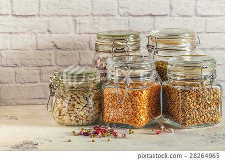 Glass jars with various legumes - beans, mung bean 28264965