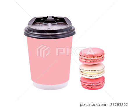 pink paper cup and macarons isolated on a white pink paper cup and macarons isolated on a white 28265262