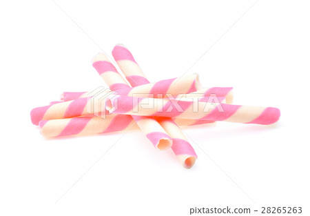 pink stripe wafer rolls on white Background pink stripe wafer rolls on white Background 28265263